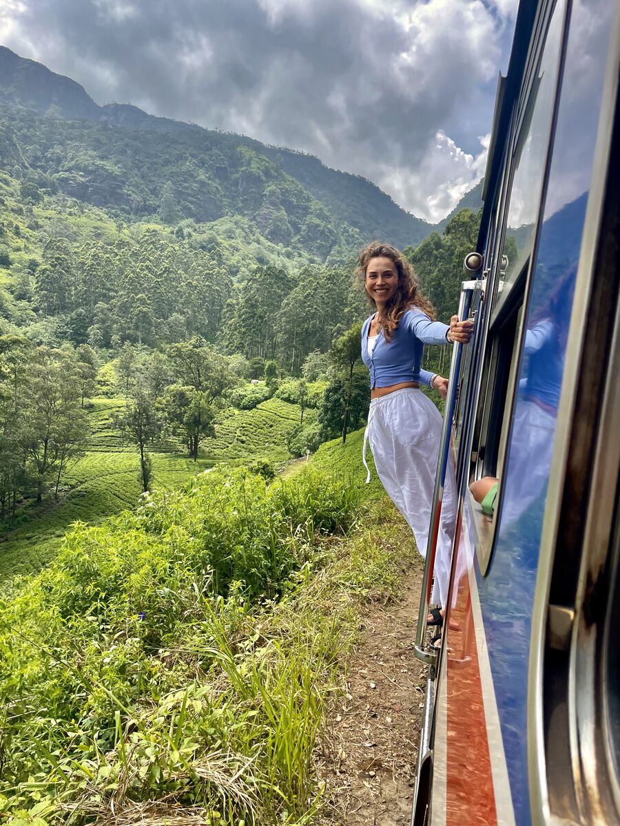 Alex on the hill-country train through Sri Lanka's tea plantations